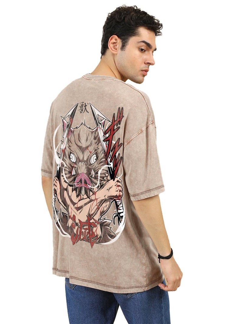 crazymonk Men Cotton Inosuke Hashibra Printed Anime Oversized T-Shirt -Hazzle Nut - M, Beige - Image 1