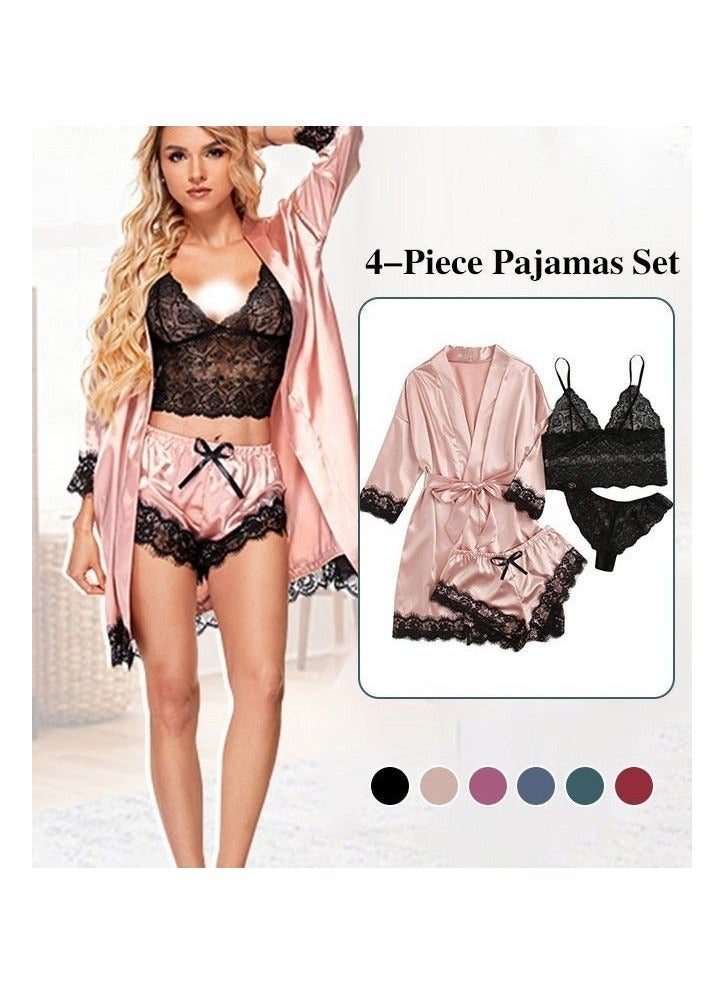 NIBEMINENT 4 Pack Women's Nightwear Set Silk Satin Sleepwear Pajama Summer Home Wearing Clothes Suits Embroidered Breathable Ladies Lingerie Robe Nightdress Underwear Panties - Image 1
