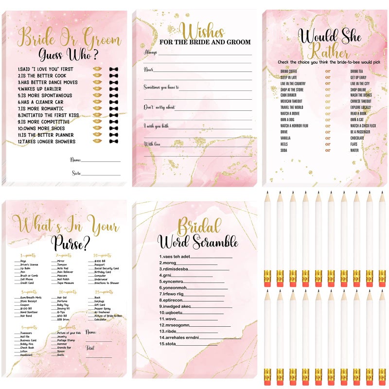 220 Pieces Bridal Shower Games Cards Bridal Shower Games Supplies Including Wedding Cards and 20 Pcs Pencils for Bride and Groom Supplies Bachelorette Party Wedding Shower Party Favor Pink and Gold
