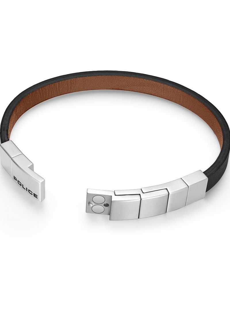 POLICE Rotator Black Stainless Steel Brown Leather Bracelet for Men 210mm - Image 3