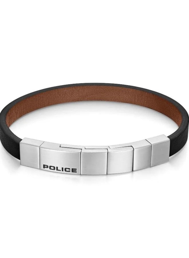 POLICE Rotator Black Stainless Steel Brown Leather Bracelet for Men 210mm