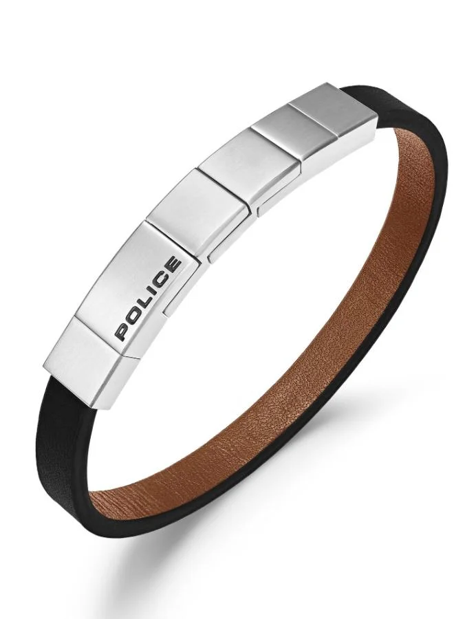 POLICE Rotator Black Stainless Steel Brown Leather Bracelet for Men 210mm