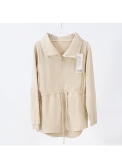 Spring Autumn Yoga Suit Turtle Neck Polo Jacket Womens Sporty Casual Fit Waist-Fitted Jacket Loose-Fit Training Outerwear Cream apricot 036 waist jacket