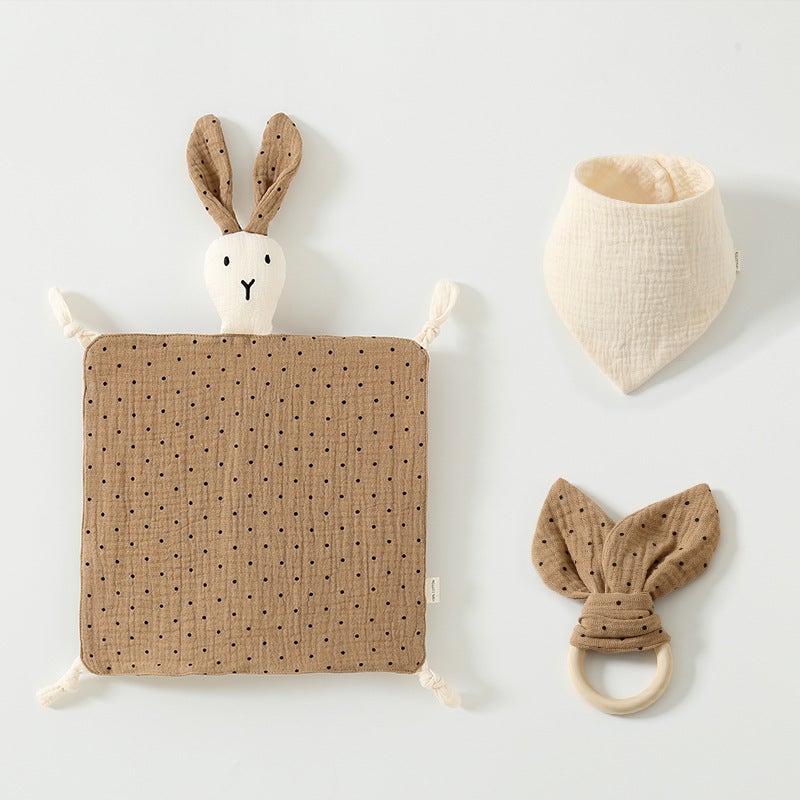 Pure Cotton Gauze Baby Sleeping Doll Three-Piece Set Of 4-Layer Rabbit Ambulance Towel 6-Layer Triangle Wooden Ring - Image 1