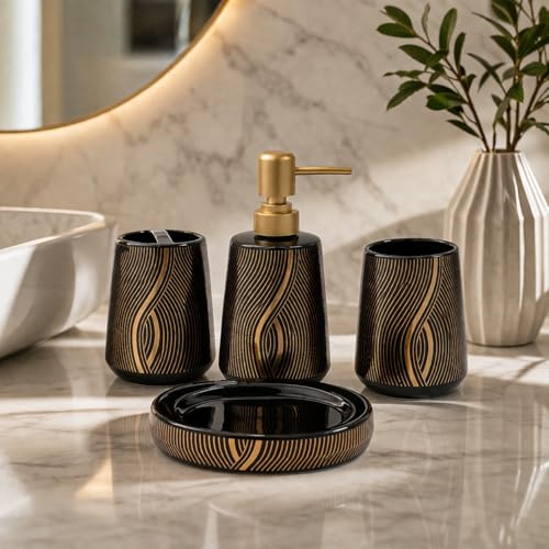 Whizzo® Ceramic Bathroom Accessories Set Ceramic - 4 Pieces Bathroom Accessories Set Soap Dispenser, Toothbrush Holder, Tumbler, Soap Dish, The Best Gifting Choice (Black, WZ-BS-803-Black) - Image 1
