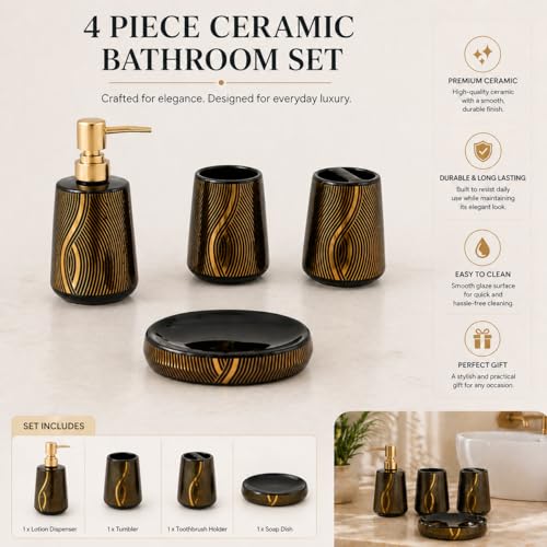 Whizzo® Ceramic Bathroom Accessories Set Ceramic - 4 Pieces Bathroom Accessories Set Soap Dispenser, Toothbrush Holder, Tumbler, Soap Dish, The Best Gifting Choice (Black, WZ-BS-803-Black) - Image 2