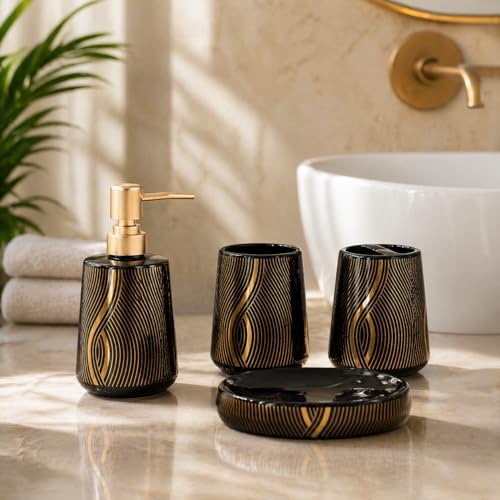 Whizzo® Ceramic Bathroom Accessories Set Ceramic - 4 Pieces Bathroom Accessories Set Soap Dispenser, Toothbrush Holder, Tumbler, Soap Dish, The Best Gifting Choice (Black, WZ-BS-803-Black) - Image 3