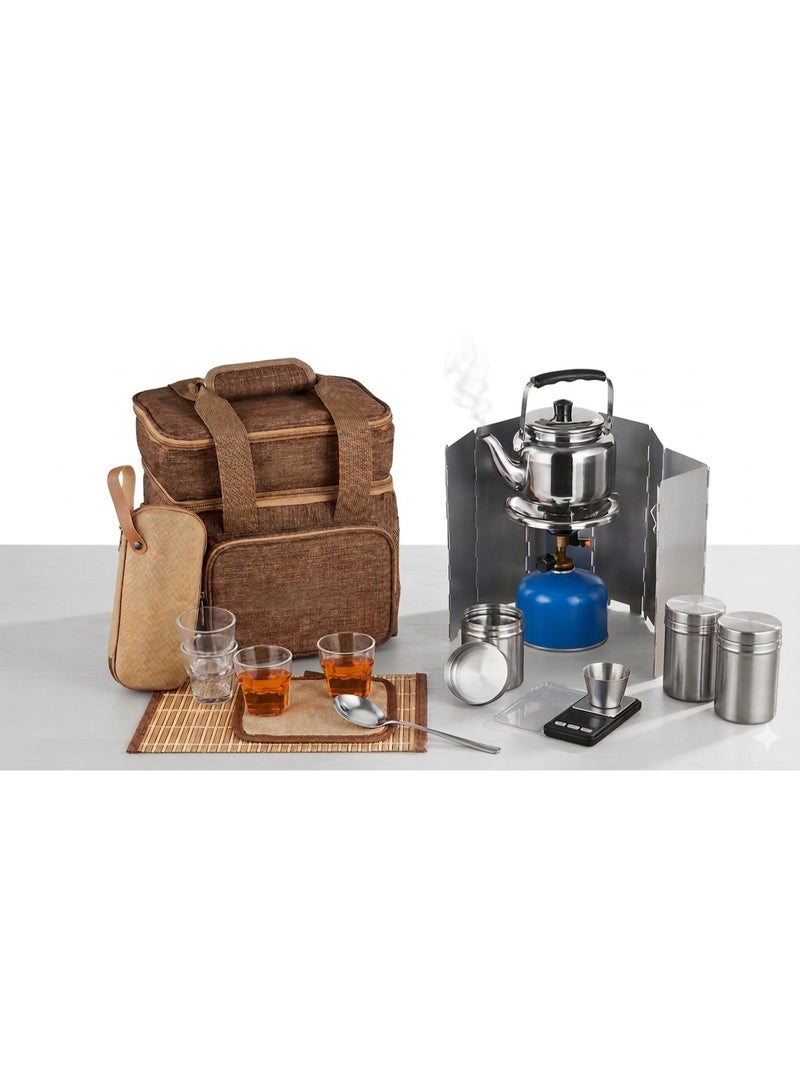 A complete camping tea set including a stove, teapot, electronic scale, measuring cup, 4 teacups, stainless steel containers, spoon, and heat and wind guard, all inside a high-quality, multi-colored storage bag.