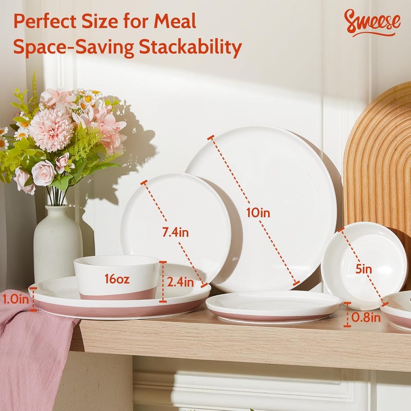 Sweese Dinnerware sets for 6 18 Pieces Handcrafted Plates and Bowls Set  Microwave Oven and Dishwasher Safe Scratch Resistant Modern dishee Porcelain Round Dinner Set White Pink - Image 2