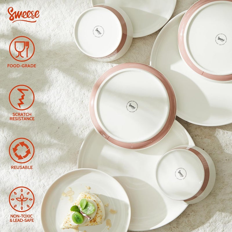 Sweese Dinnerware sets for 6 18 Pieces Handcrafted Plates and Bowls Set  Microwave Oven and Dishwasher Safe Scratch Resistant Modern dishee Porcelain Round Dinner Set White Pink - Image 3