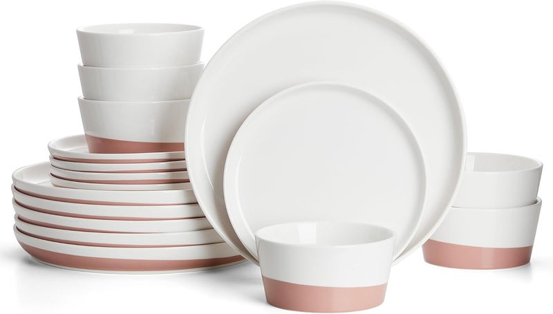 Sweese Dinnerware sets for 6 18 Pieces Handcrafted Plates and Bowls Set  Microwave Oven and Dishwasher Safe Scratch Resistant Modern dishee Porcelain Round Dinner Set White Pink - Image 1