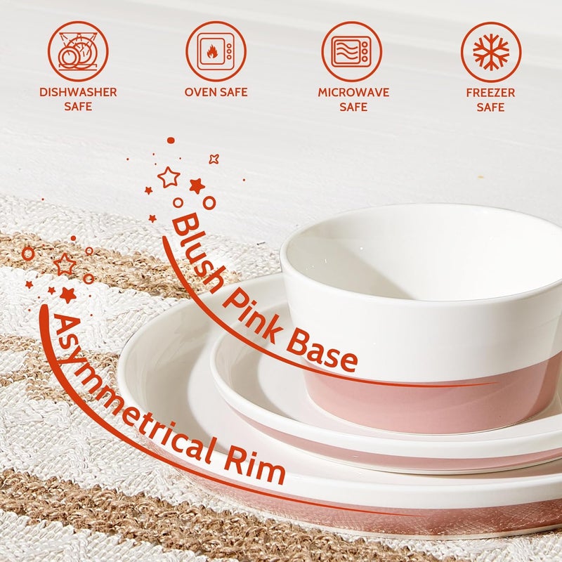 Sweese Dinnerware sets for 6 18 Pieces Handcrafted Plates and Bowls Set  Microwave Oven and Dishwasher Safe Scratch Resistant Modern dishee Porcelain Round Dinner Set White Pink - Image 4