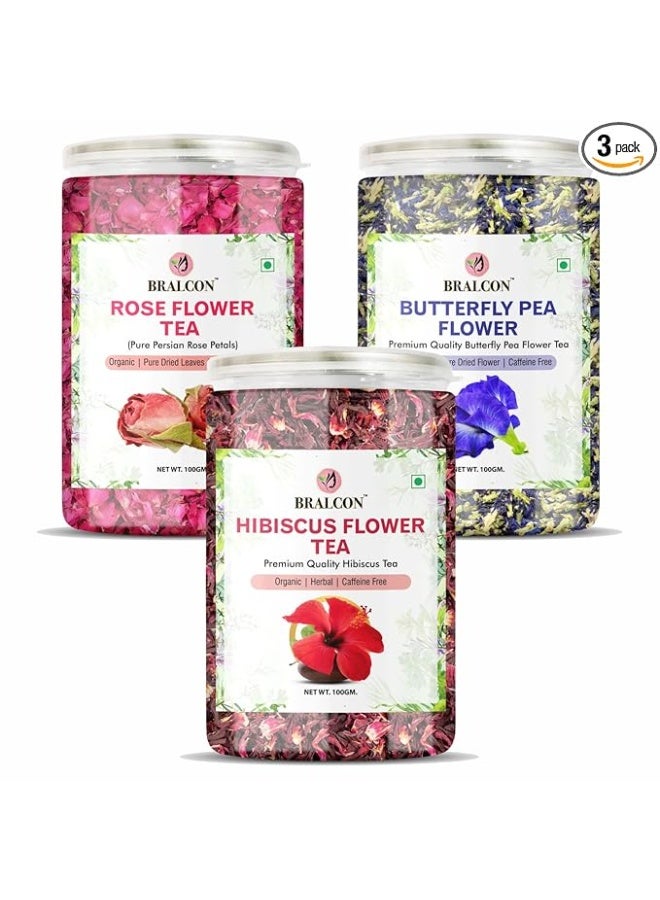 BRALCON Organic Herbal Tea Combo Pack- Hibiscus Flower Tea, Butterfly Pea Flower Tea, Rose Flower Tea- 300g(100g x 3 Pack)|Caffeine Free|Hibiscus Tea Leaves|Blue Pea Tea|Rose Tea - Image 1