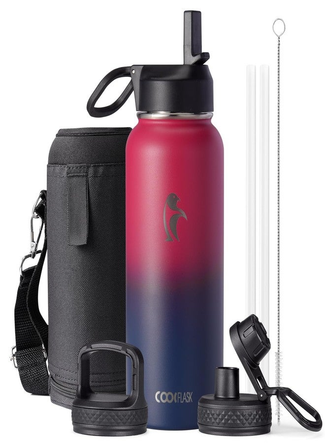 Coolflask Water Bottle 32 oz Insulated with Straw, Coolflask Stainless Steel Metal 3 Lids Water Flask Wide Mouth for Sports or Office, Non-BPA Keep Cold Up to 48 Hrs or Hot Up to 24 Hrs, Ombre Wine/Navy - Image 1