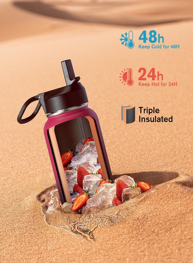 Coolflask Water Bottle 32 oz Insulated with Straw, Coolflask Stainless Steel Metal 3 Lids Water Flask Wide Mouth for Sports or Office, Non-BPA Keep Cold Up to 48 Hrs or Hot Up to 24 Hrs, Ombre Wine/Navy - Image 2