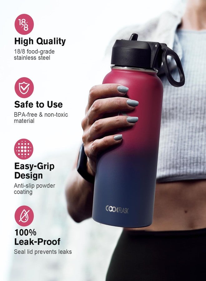 Coolflask Water Bottle 32 oz Insulated with Straw, Coolflask Stainless Steel Metal 3 Lids Water Flask Wide Mouth for Sports or Office, Non-BPA Keep Cold Up to 48 Hrs or Hot Up to 24 Hrs, Ombre Wine/Navy - Image 3