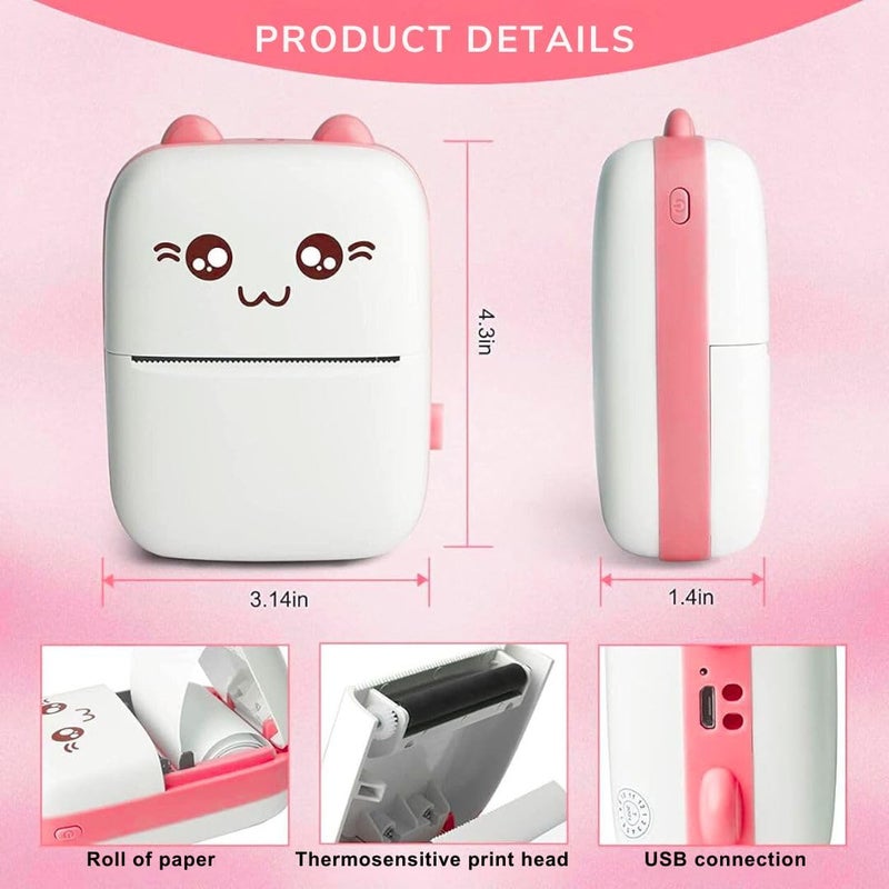 Anaha Aanha - Mini Printer, Wireless Bluetooth Mobile Printer, Thermal Printer for Picture Photo Label Memo with USB Cable for Study/Android/iOS Smartphone - Pink | Kids Printer - Image 2