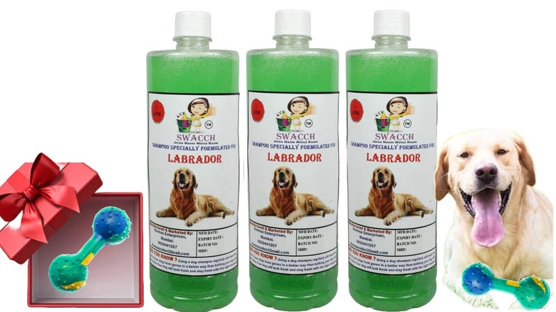 swacch Labrador Dog Shampoo + Dumbbell Toy I Durable Rubber Dog Toy for Chewing I Playing,Teeth Cleaning & Training Toy I Combo Pack I 1 Litre Pack of 3 Neem Alovera - Image 1