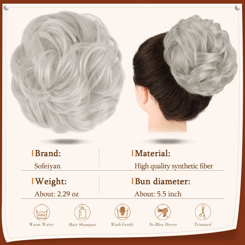 SOFEIYAN Claw Clip Messy Bun Hair Piece Wavy Curly Hair Bun Clip in Claw Chignon Ponytail Hairpieces Synthetic Tousled Updo Hair Extensions Scrunchie Hairpiece for Women, Grey - Image 2
