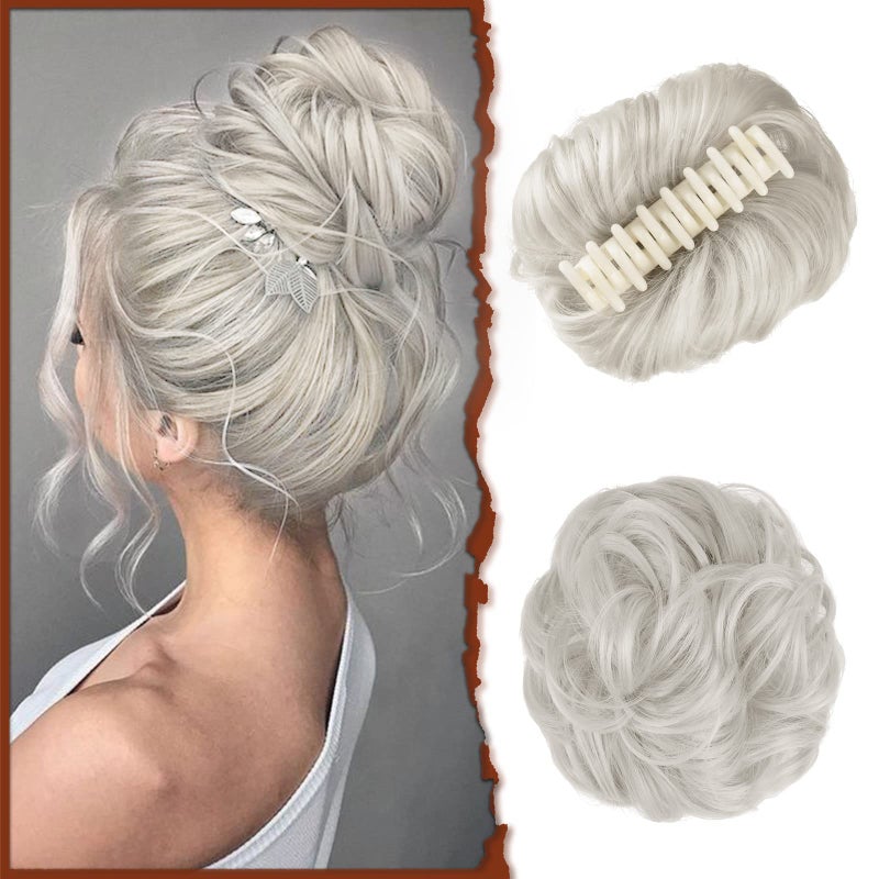 SOFEIYAN Claw Clip Messy Bun Hair Piece Wavy Curly Hair Bun Clip in Claw Chignon Ponytail Hairpieces Synthetic Tousled Updo Hair Extensions Scrunchie Hairpiece for Women, Grey - Image 1