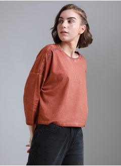 HIGH STAR Women's Rust Boxy Fit Drop-Shoulder Typography Printed T-shirt  - Image 1