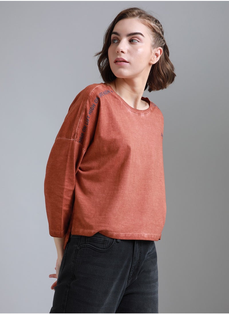 HIGH STAR Women's Rust Boxy Fit Drop-Shoulder Typography Printed T-shirt  - Image 1