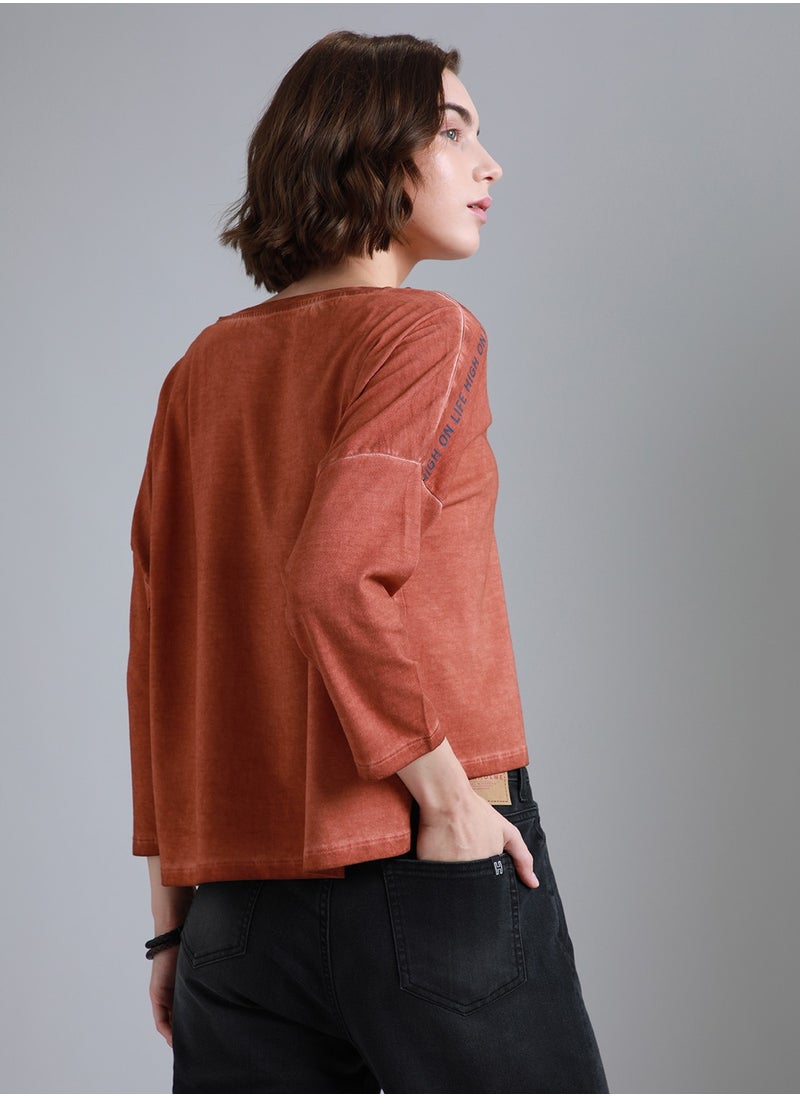 HIGH STAR Women's Rust Boxy Fit Drop-Shoulder Typography Printed T-shirt  - Image 2