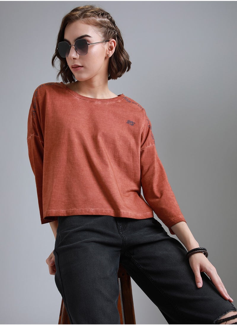 Women's Rust Boxy Fit Drop-Shoulder Typography Printed T-shirt - pzsku/Z2E399B883987AF8B06A9Z/45/_/1721396658/762fdb49-59ab-485c-955d-67ec01e19526