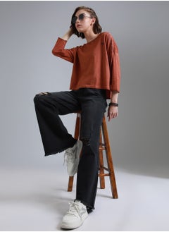 HIGH STAR Women's Rust Boxy Fit Drop-Shoulder Typography Printed T-shirt  - Image 5