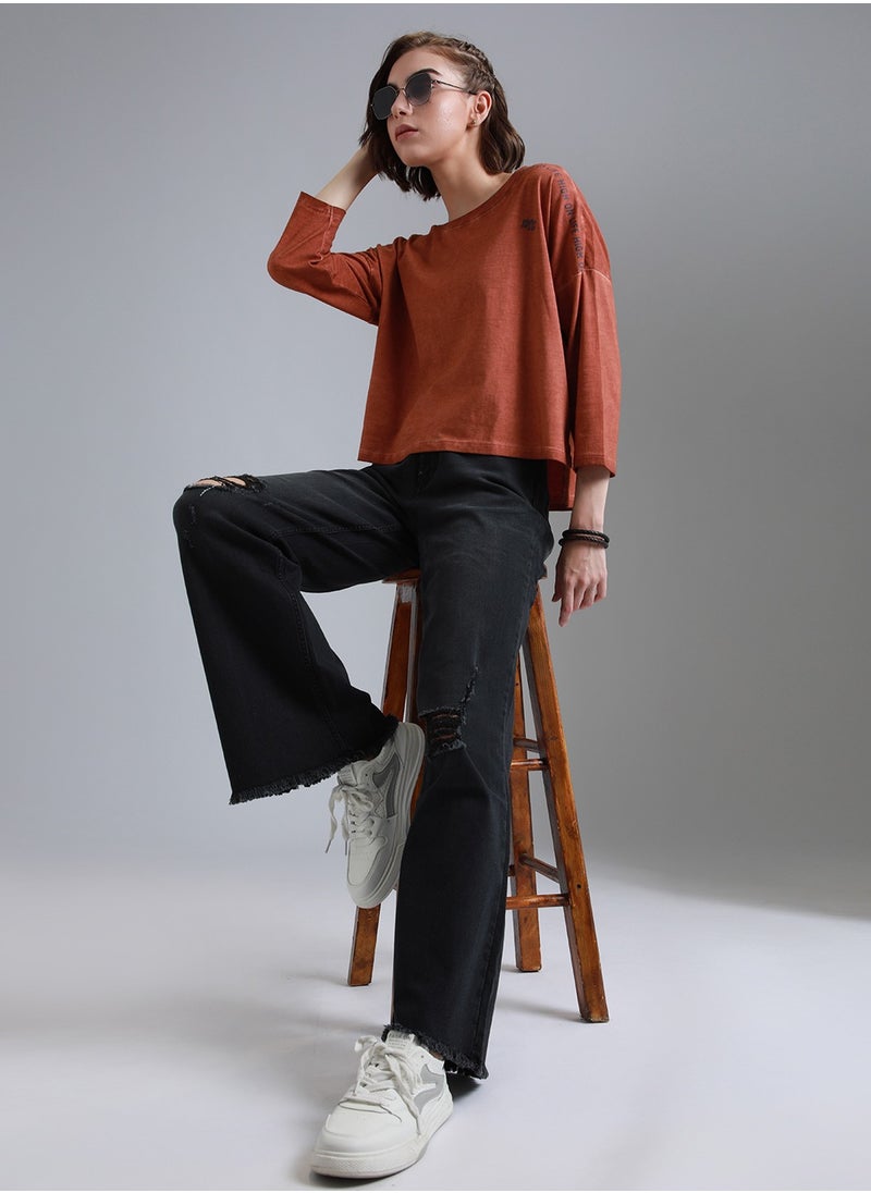 HIGH STAR Women's Rust Boxy Fit Drop-Shoulder Typography Printed T-shirt  - Image 5