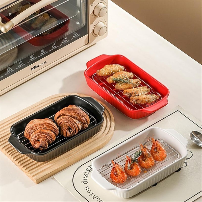 Baking Dish Household Ceramic Grill Pan with Oil Draining Net Double Ear Baking High Value Baked Rice Pan Can Be Oven Steam Pan Oven Dish(White) - Image 5
