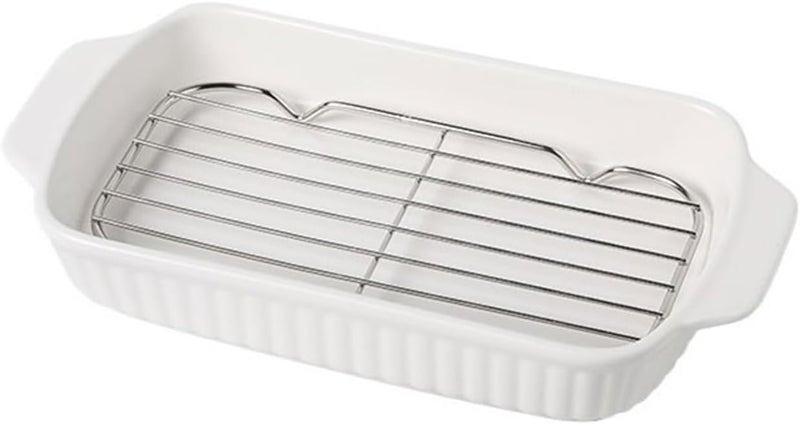 Baking Dish Household Ceramic Grill Pan with Oil Draining Net Double Ear Baking High Value Baked Rice Pan Can Be Oven Steam Pan Oven Dish(White) - Image 1