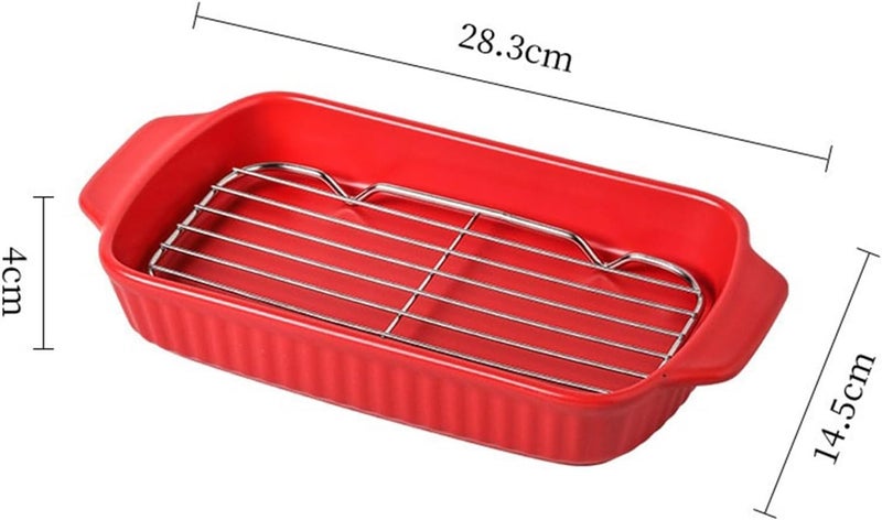 Baking Dish Household Ceramic Grill Pan with Oil Draining Net Double Ear Baking High Value Baked Rice Pan Can Be Oven Steam Pan Oven Dish(White) - Image 2