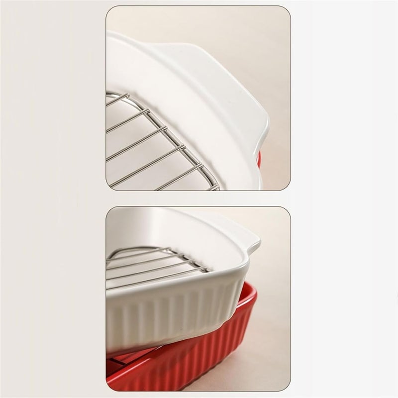 Baking Dish Household Ceramic Grill Pan with Oil Draining Net Double Ear Baking High Value Baked Rice Pan Can Be Oven Steam Pan Oven Dish(White) - Image 4