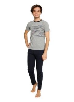 Ayans Teenager Boy's Pajama Set T-Shirt and Pants Turkish Cotton Sleepwear Homewear Grey/Navy Blue  - Image 3