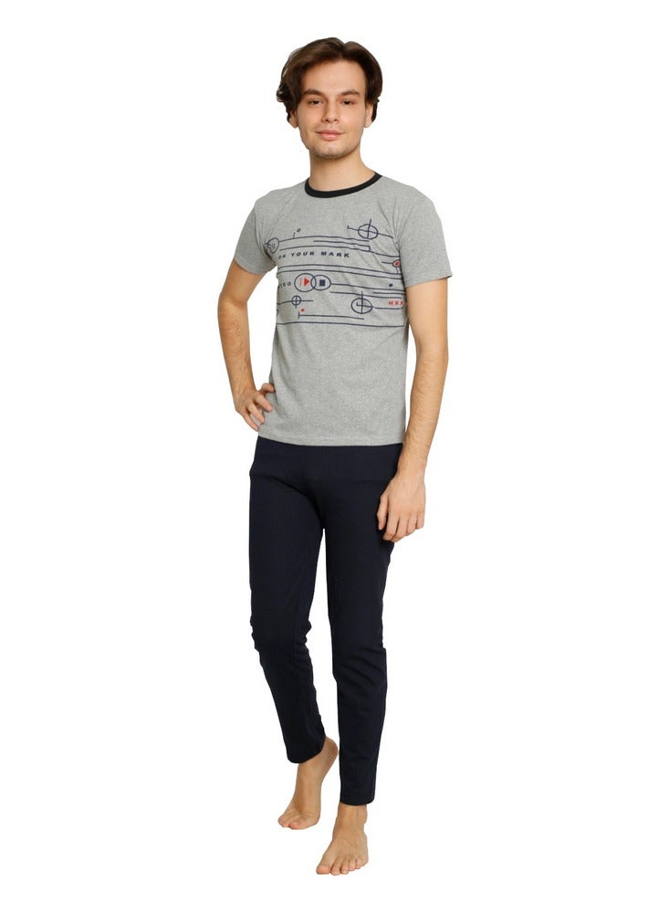 Ayans Teenager Boy's Pajama Set T-Shirt and Pants Turkish Cotton Sleepwear Homewear Grey/Navy Blue - Image 3