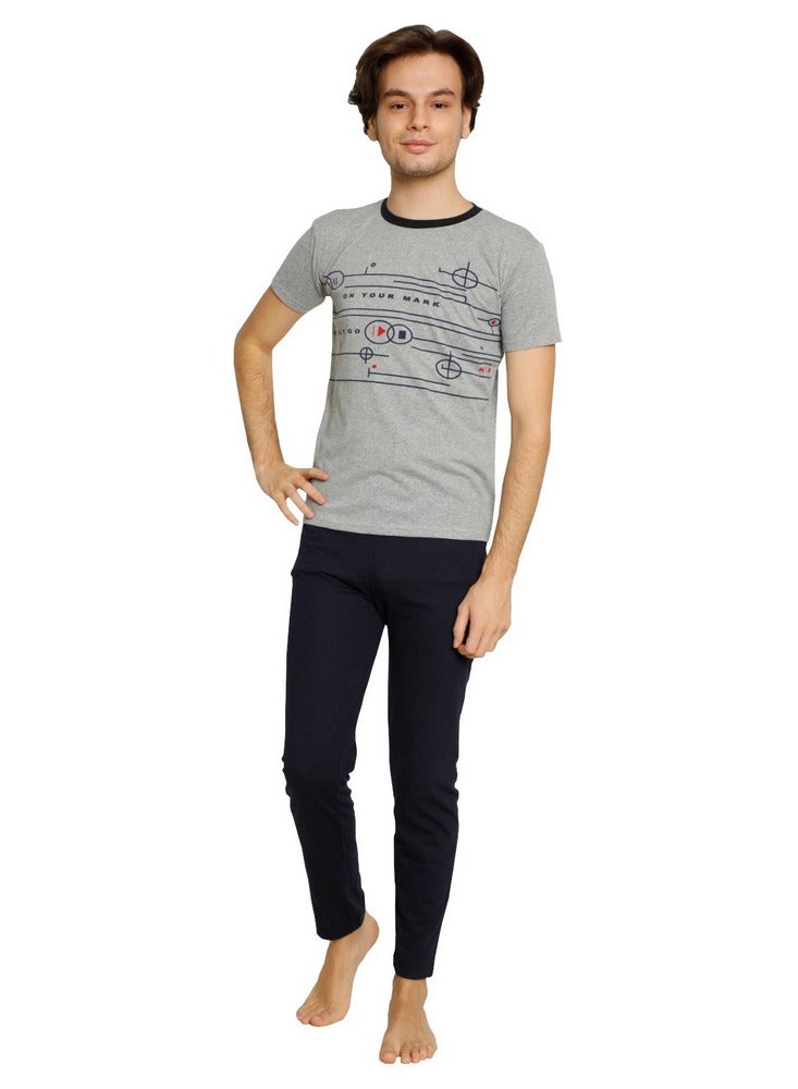 Ayans Teenager Boy's Pajama Set T-Shirt and Pants Turkish Cotton Sleepwear Homewear Grey/Navy Blue - Image 1