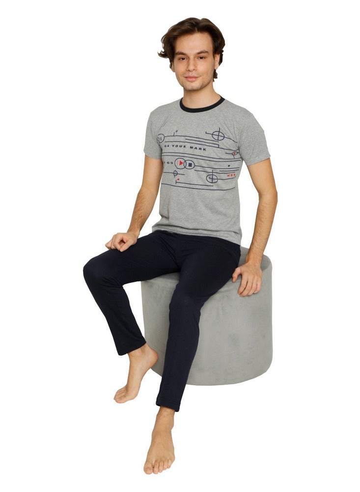 Ayans Teenager Boy's Pajama Set T-Shirt and Pants Turkish Cotton Sleepwear Homewear Grey/Navy Blue - Image 4
