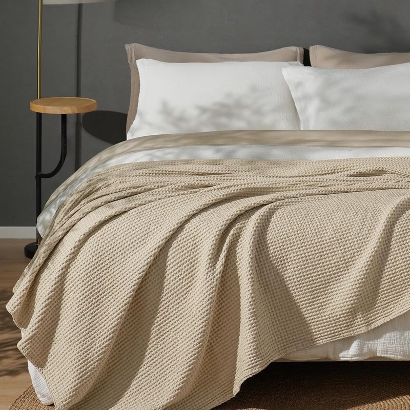PHF 100% Pre-Washed Cotton Waffle Weave King Blanket (264 cm x 229 cm) - Washed Warm Soft Lightweight Breathable Throw for Adults and Kids-Perfect Blanket Layer for Couch Bed Sofa-Elegant Home Decoration- Khaki/Simply Taupe - Image 1