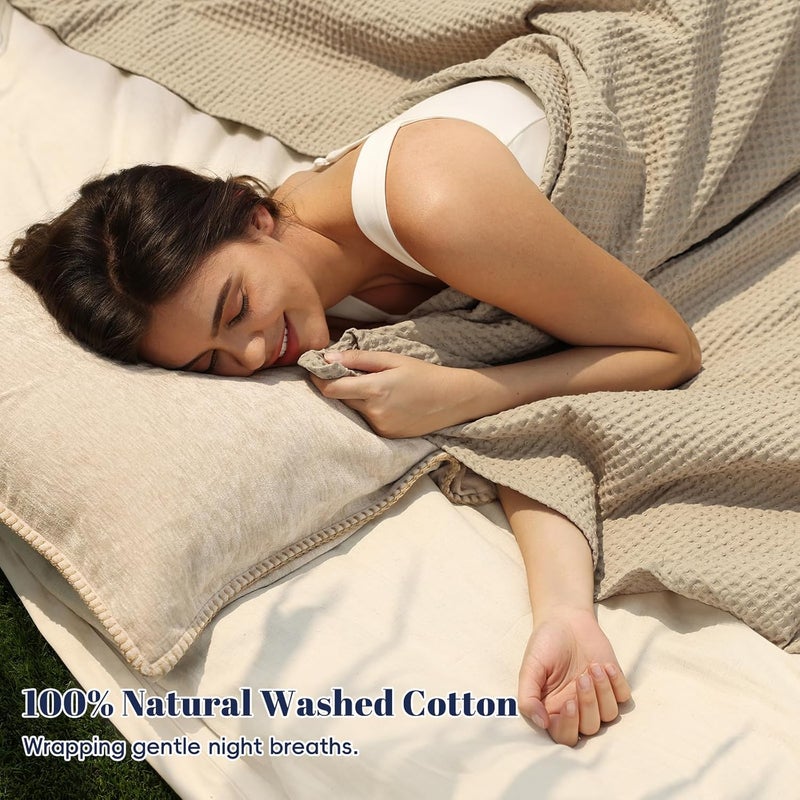 PHF 100% Pre-Washed Cotton Waffle Weave King Blanket (264 cm x 229 cm) - Washed Warm Soft Lightweight Breathable Throw for Adults and Kids-Perfect Blanket Layer for Couch Bed Sofa-Elegant Home Decoration- Khaki/Simply Taupe - Image 2