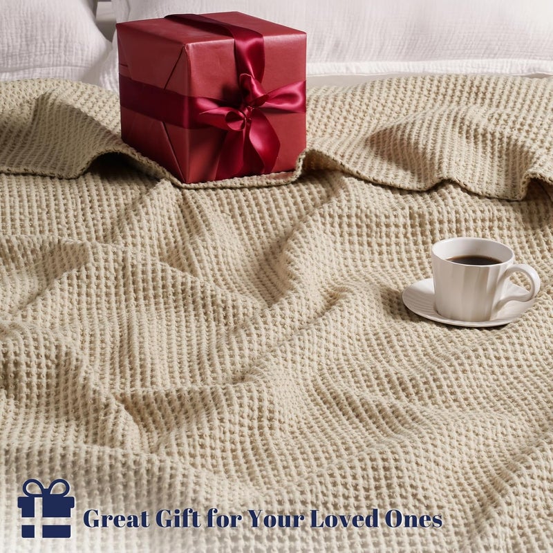 PHF 100% Pre-Washed Cotton Waffle Weave King Blanket (264 cm x 229 cm) - Washed Warm Soft Lightweight Breathable Throw for Adults and Kids-Perfect Blanket Layer for Couch Bed Sofa-Elegant Home Decoration- Khaki/Simply Taupe - Image 5
