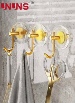 UNUNS Heavy Duty Adhesive Hooks,3 Pieces Waterproof Towel Hanger Hooks For Bathroom Accessories,Acrylic Hooks For Wall,Self Adhesive Wall-mounted Hooks Golden  - Image 1