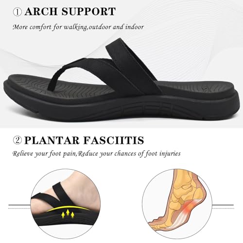 COFACE Womens Orthopedic Flip Flops Ladies Slip On Athletic Yoga Mat Memory Foam Cushioned Recovery Walking Thong Sandals Summer Beach Pool Slippers Plantar Fasciitis Arch Support All Black Size 8 - Image 3