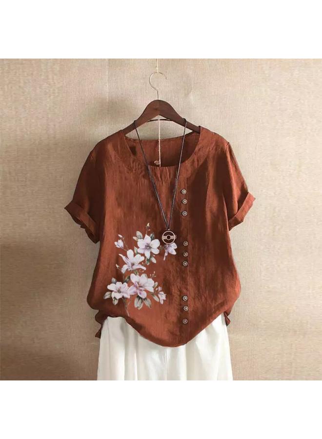 Cotton And Linen Women's Clothing Summer And Autumn Vintage Casual Loose Cotton And Linen Short-sleeved T-shirt Cotton And Linen Women's Clothing Large Size Amz Explosions 