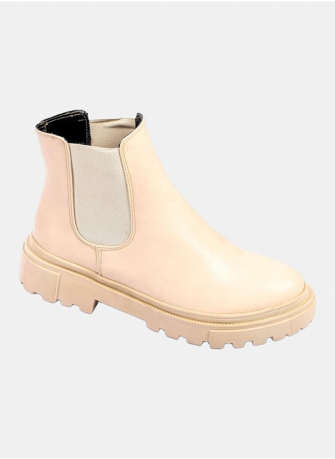Leather Ankle Boot -  Beige