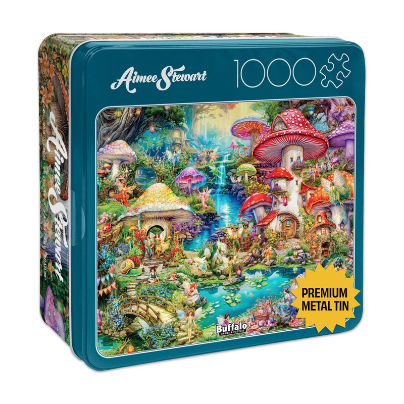 Buffalo Games - Merry Mushroom Village Picnic - Aimee Stewart - 1000 Piece Jigsaw Puzzle in Premium Collectorâ€™s Tin - Fun Challenge for Adults & Families - Image 1