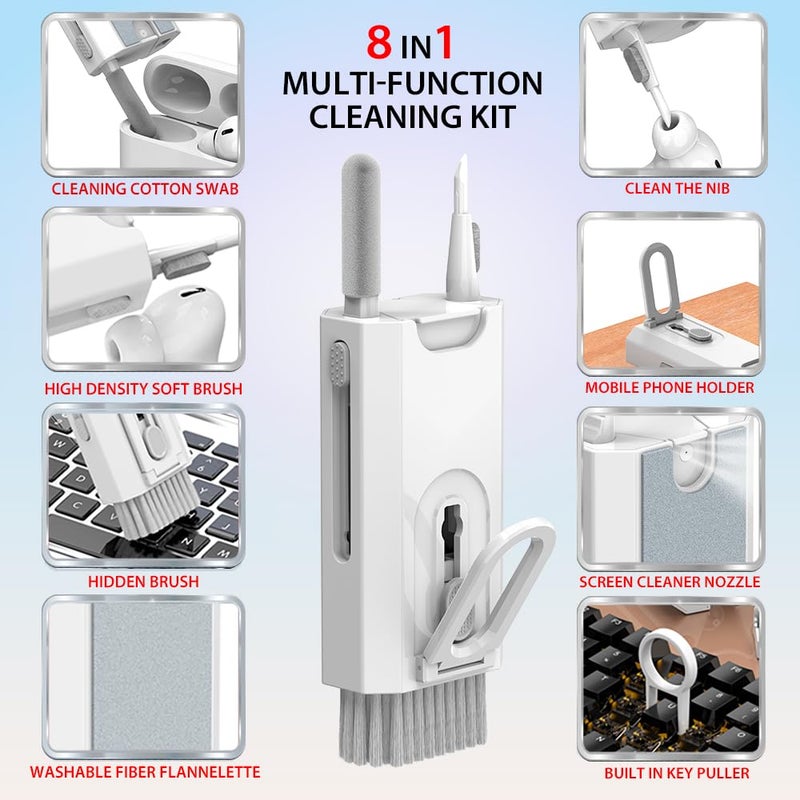 CLAW Q8 8-in1 Portable Cleaning Kit for Phones, Tablets, Laptops, Gaming Keyboards and Earbuds with Built in Mobile Holder (White) - Image 2