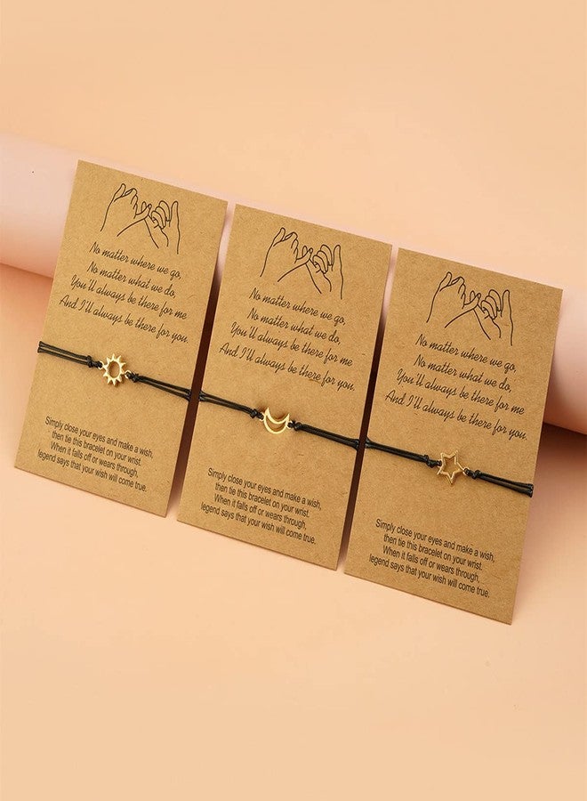 DATOA 3 Pcs Set Sun Moon Star Pinky Promise Bracelets BFF Christmas Birthday Gifts for Women Matching Adjustable Bracelet for Sisters - Gold - Image 2
