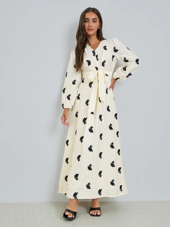 Styli Off White Embroidered Floral Maxi Dress with Tie Belt