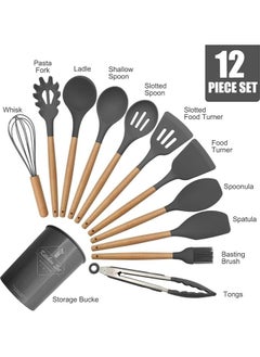 Lukadah 12 Pcs Silicone Cooking Utensils Kitchen Utensil Set - 446°F Heat Resistant,Wooden Handle, BPA Free Non-Scratch Non-Stick | Turner Tongs, Spatula, Spoon, Brush, Whisk, Wooden Handle Gray Kitchen Gadgets with Holder for Nonstick Cookware  - Image 2